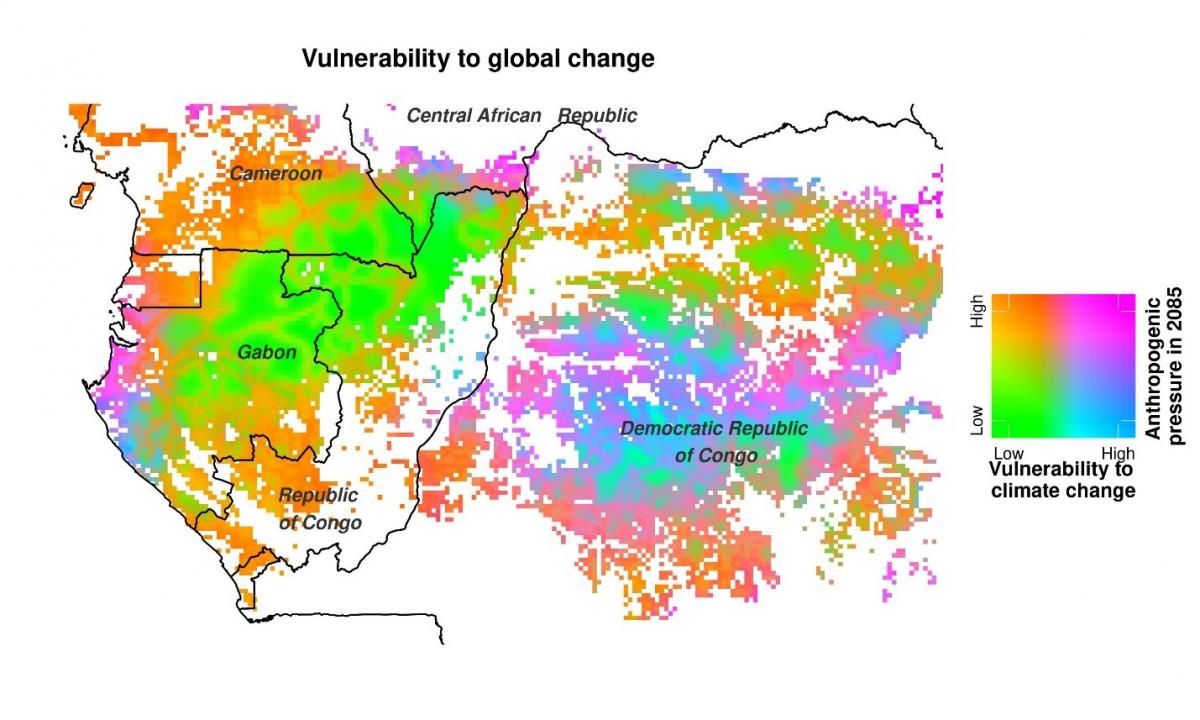 Gradient de vulnérabilité des forêts d’Afrique centrale au changement climatique et à l’augmentation de la pression humaine à l’horizon 2085 © Maxime Réjou-Méchain et al., Nature (2021)